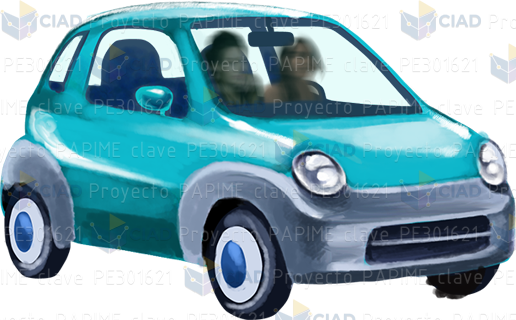 Auto azul con pasajeros